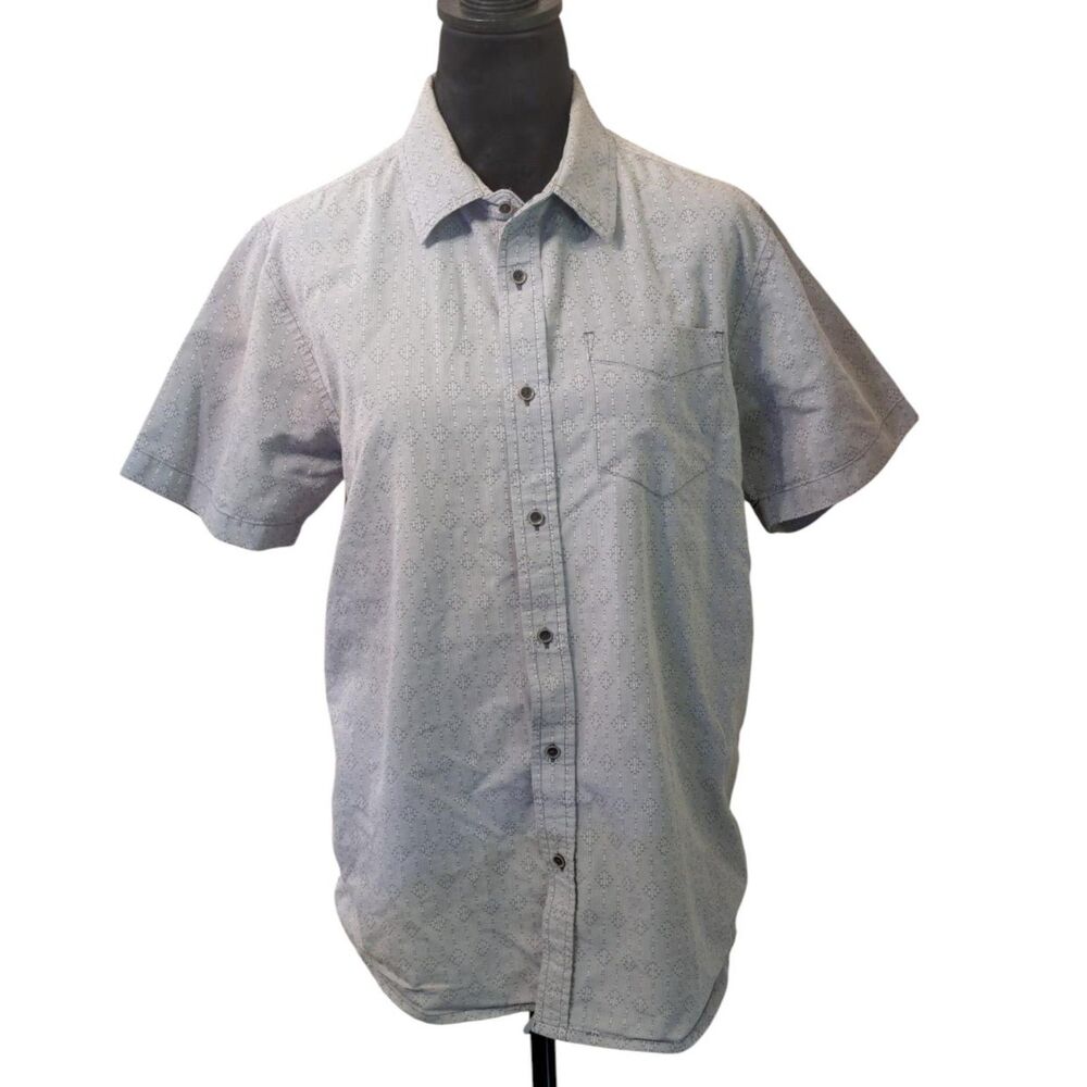 prAna Men’s Geometric Short Sleeve Button Down Shirt Sz M Grey Purple Gorpcore